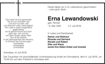 Traueranzeige von Erna Lewandowski (geb. Richter)  von Magdeburger Volksstimme