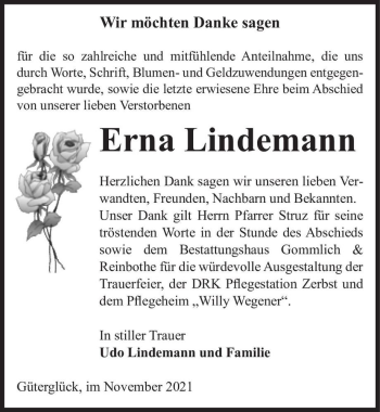 Traueranzeige von Erna Lindemann  von Magdeburger Volksstimme