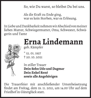 Traueranzeige von Erna Lindemann (geb. Kämpfer)  von Magdeburger Volksstimme