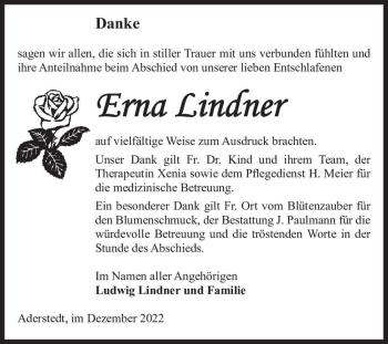 Traueranzeige von Erna Lindner  von Magdeburger Volksstimme