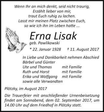 Traueranzeige von Erna Lisak (geb. Pawlikowski)  von Magdeburger Volksstimme