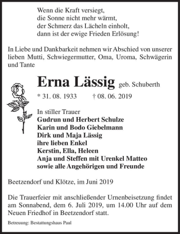 Traueranzeige von Erna Lässig (geb. Schuberth)  von Magdeburger Volksstimme