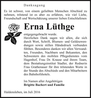 Traueranzeige von Erna Lüthge  von Magdeburger Volksstimme