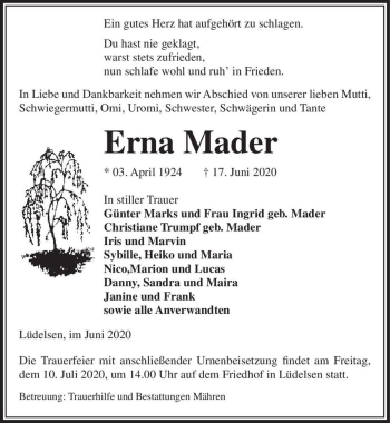 Traueranzeige von Erna Mader  von Magdeburger Volksstimme
