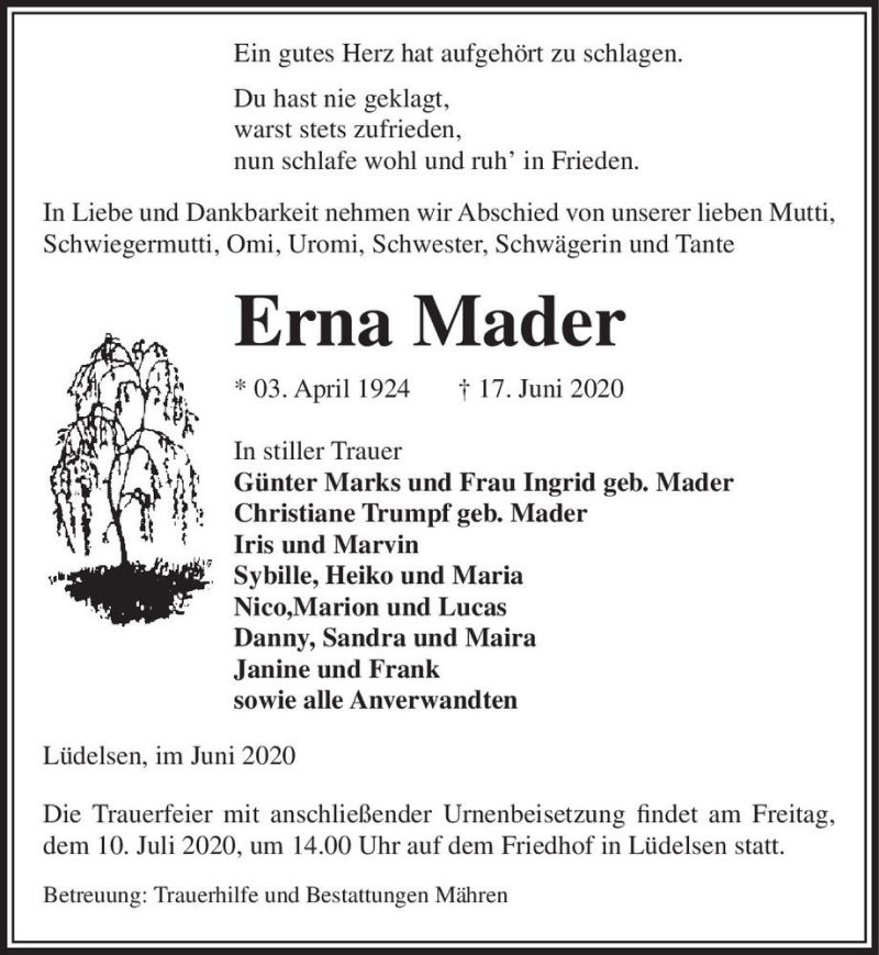  Traueranzeige für Erna Mader  vom 20.06.2020 aus Magdeburger Volksstimme