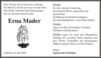 Traueranzeige von Erna Mader  von Magdeburger Volksstimme