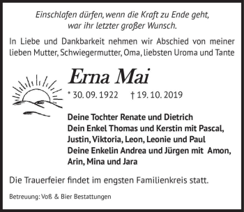 Traueranzeige von Erna Mai  von Magdeburger Volksstimme