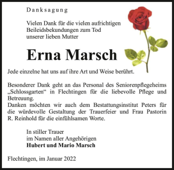 Traueranzeige von Erna Marsch  von Magdeburger Volksstimme