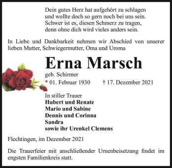 Traueranzeige von Erna Marsch (geb. Schirmer)  von Magdeburger Volksstimme