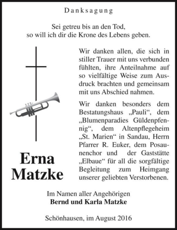 Traueranzeige von Erna Matzke  von Magdeburger Volksstimme
