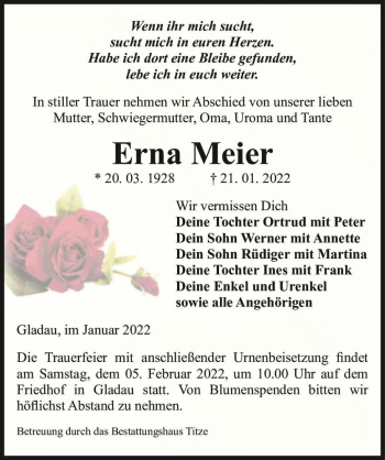 Traueranzeige von Erna Meier  von Magdeburger Volksstimme