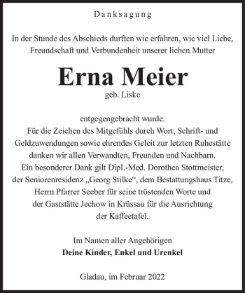 Traueranzeige von Erna Meier (geb. Liske)  von Magdeburger Volksstimme