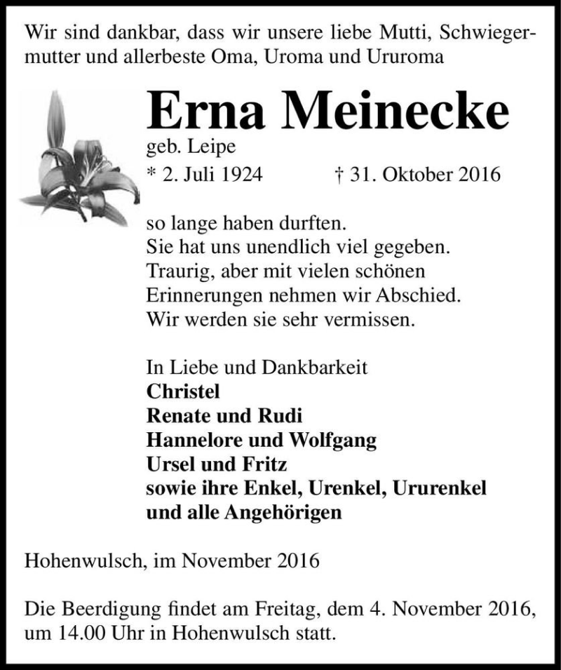  Traueranzeige für Erna Meinecke (geb. Leipe)  vom 02.11.2016 aus Magdeburger Volksstimme