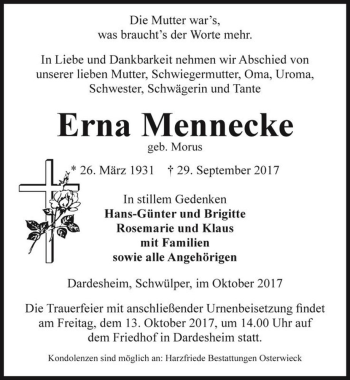 Traueranzeige von Erna Mennecke (geb. Morus)  von Magdeburger Volksstimme