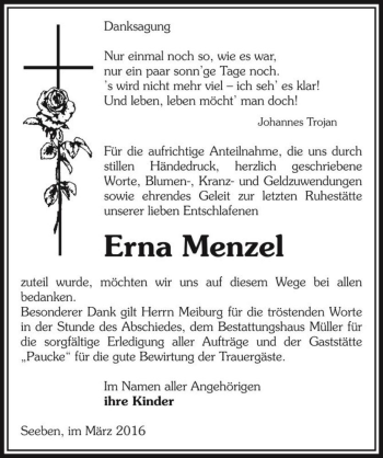 Traueranzeige von Erna Menzel  von Magdeburger Volksstimme