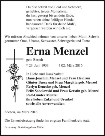 Traueranzeige von Erna Menzel (geb. Berndt)  von Magdeburger Volksstimme