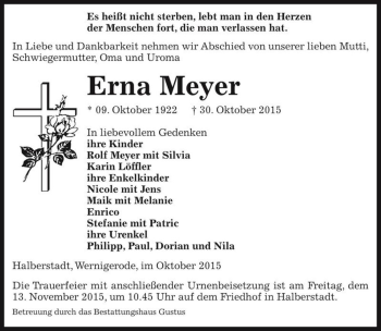 Traueranzeige von Erna Meyer  von Magdeburger Volksstimme