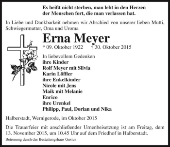 Traueranzeige von Erna Meyer  von Magdeburger Volksstimme
