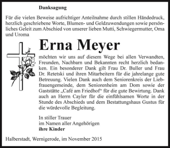 Traueranzeige von Erna Meyer  von Magdeburger Volksstimme