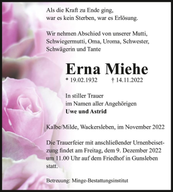 Traueranzeige von Erna Miehe  von Magdeburger Volksstimme