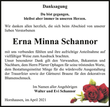 Traueranzeige von Erna Minna Schannor  von Magdeburger Volksstimme