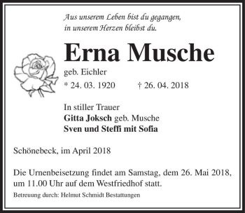 Traueranzeige von Erna Musche (geb. Eichler)  von Magdeburger Volksstimme