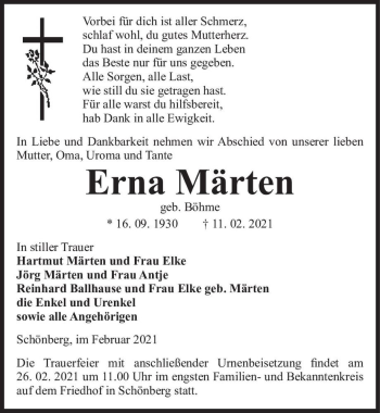 Traueranzeige von Erna Märten (geb. Böhme)  von Magdeburger Volksstimme