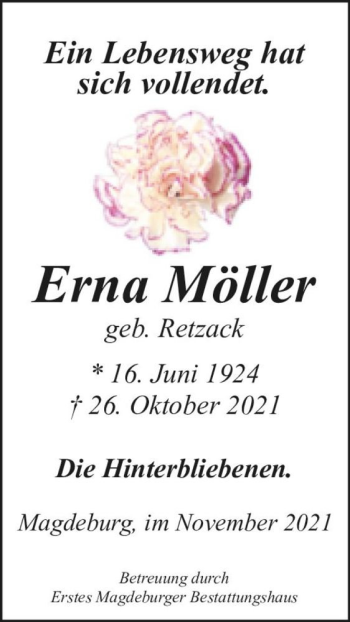 Traueranzeige von Erna Möller (geb. Retzack)  von Magdeburger Volksstimme