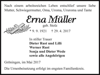 Traueranzeige von Erna Müller (geb. Stolz)  von Magdeburger Volksstimme