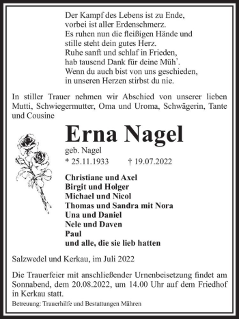 Traueranzeige von Erna Nagel (geb. Nagel)  von Magdeburger Volksstimme