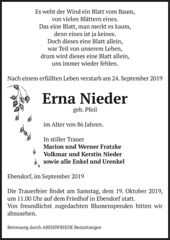 Traueranzeige von Erna Nieder (geb. Pfeil)  von Magdeburger Volksstimme