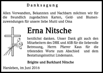 Traueranzeige von Erna Nitsche  von Magdeburger Volksstimme