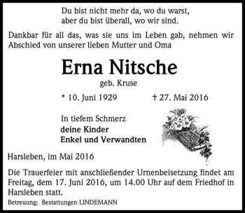 Traueranzeige von Erna Nitsche (geb. Kruse)  von Magdeburger Volksstimme