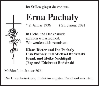 Traueranzeige von Erna Pachaly  von Magdeburger Volksstimme