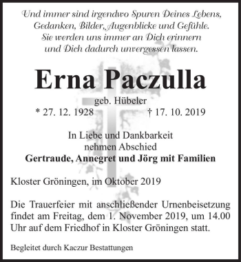 Traueranzeige von Erna Paczulla (geb. Hübeler)  von Magdeburger Volksstimme