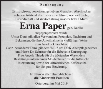Traueranzeige von Erna Paper (geb. Dahlke)  von Magdeburger Volksstimme