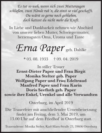 Traueranzeige von Erna Paper (geb. Paper)  von Magdeburger Volksstimme