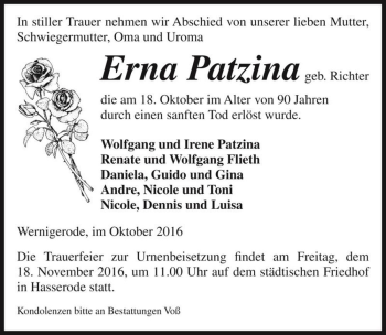 Traueranzeige von Erna Patzina (geb. Richter)  von Magdeburger Volksstimme