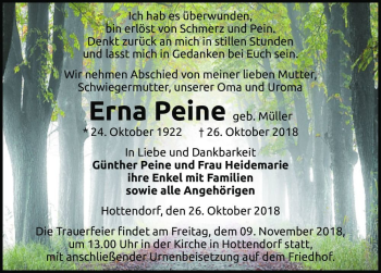 Traueranzeige von Erna Peine (geb. Müller)  von Magdeburger Volksstimme