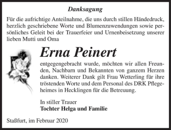 Traueranzeige von Erna Peinert  von Magdeburger Volksstimme