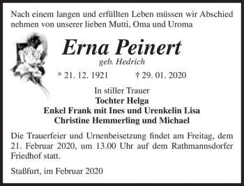 Traueranzeige von Erna Peinert (geb. Hedrich)  von Magdeburger Volksstimme