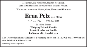 Traueranzeige von Erna Pelz (geb. Müller)  von Magdeburger Volksstimme