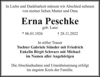 Traueranzeige von Erna Peschke (geb. Laue)  von Magdeburger Volksstimme