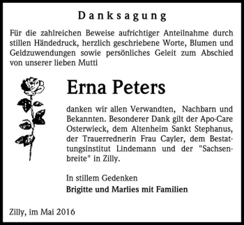 Traueranzeige von Erna Peters  von Magdeburger Volksstimme