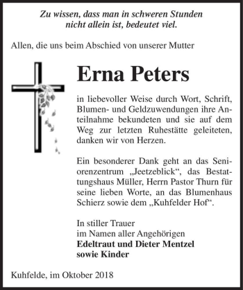 Traueranzeige von Erna Peters  von Magdeburger Volksstimme