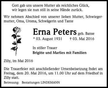 Traueranzeige von Erna Peters (geb. Banse)  von Magdeburger Volksstimme