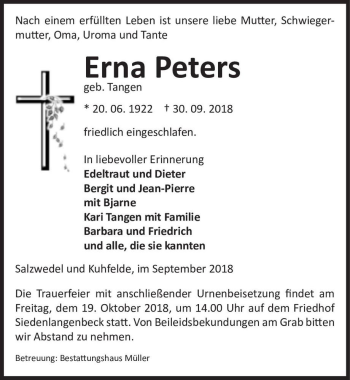 Traueranzeige von Erna Peters (geb. Tangen)  von Magdeburger Volksstimme