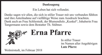 Traueranzeige von Erna Pfarre  von Magdeburger Volksstimme