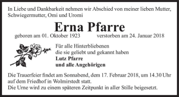 Traueranzeige von Erna Pfarre  von Magdeburger Volksstimme