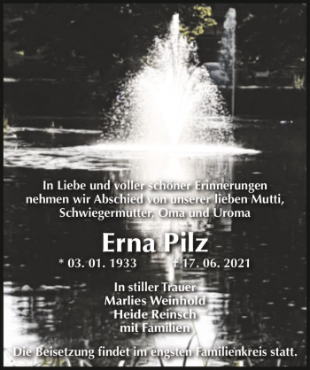 Traueranzeige von Erna Pilz  von Magdeburger Volksstimme